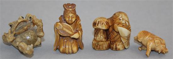 Four Japanese ivory or bone figures, late 19th / early 20th century, 3.1cm - 3.7cm